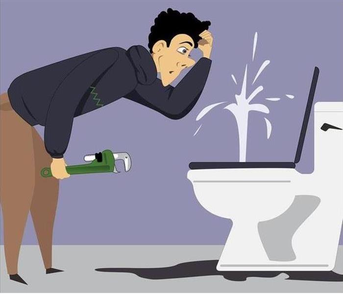 Cartoon of a man trying to fix a leaking toilet